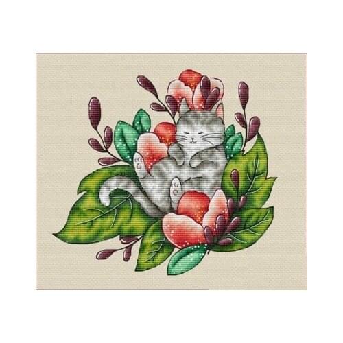 Embroidery Cross Stitch Kit Patterns 11CT 14CT Needlework DIY DMC Counted Cross Stitch Kits Sleepy Cat in flowers