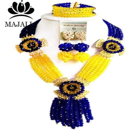 Nigeria Wedding Royal Blue and yellow african beads jewelry set crystal necklace bracelet earrings Free shipping Majalia-042