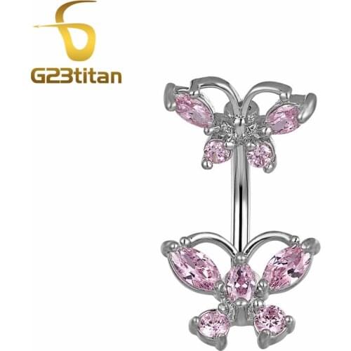 Sexy Beach Hanging Pendant Double Butterfly Purple Crystal Navel Ring Nombril G23 titanium Belly Button Piercing