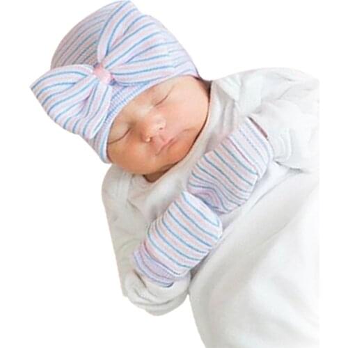 New Infant Toddler Big Bow Stripe Hats and Gloves Set Baby Girls Knitted Bowknot Cap Newborn Kids Woven Bonnet Child Headwear