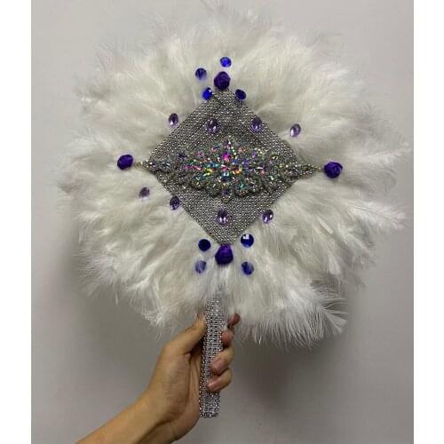 Golor Custom African Wedding Feather Hand Fan with Stones Feather Dance Fan Handmade Bride Hand Held Photo Props Wedding Favors