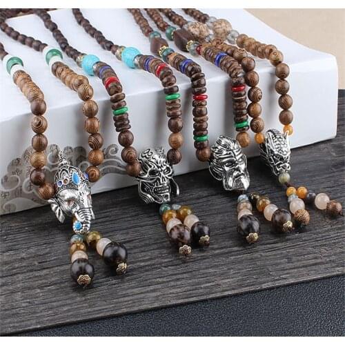 Vintage Nepal Buddha Necklace Bohemian Wood Beads Long Sweater Chain Statement Necklaces Pendant Bijou for Women Jewelry