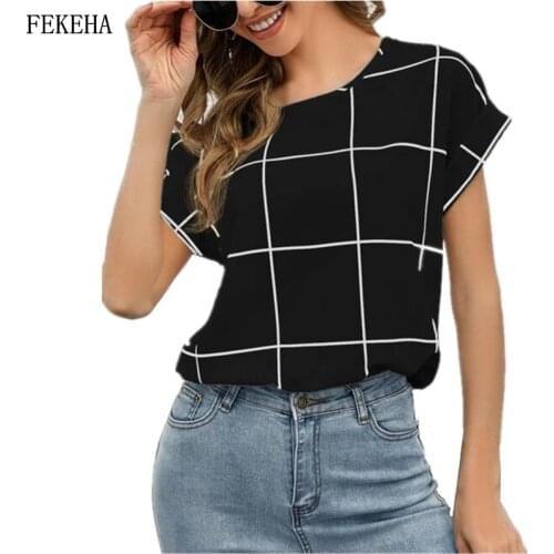 Summer Plaid Shirts Women Rolled Cuff Blouse Short Sleeve Checked Lady Tops Female Clothes Black White