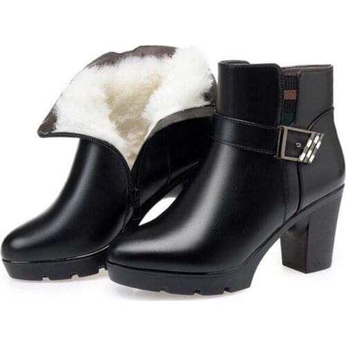 100% Natural Full Cowhide Autumn Boots Side Zipper High Heel Shoes 2020 New Warm Boots Plush wool Women Winter Boots Snow Boots