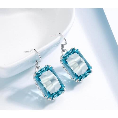 Earrings Women 100% 925 Sterling Silver Aquamarine Luxury Gems Retro Square Blue Topaz Drop Earrings Korean Fashion Fine Jewelry