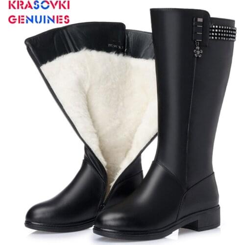 Krasovki Genuines Wool Women Snow Boot Warm Mid Calf Flat Bottom Fur Warm Shoes Plush High Boots Platform for Women Winter Boots