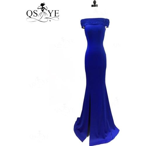 Off Shoulder Lace Royal Prom Dress Long Mermaid Bead Evening Dress Fit Split Formal Party Gown Women Bridesmaid Dress Vestido