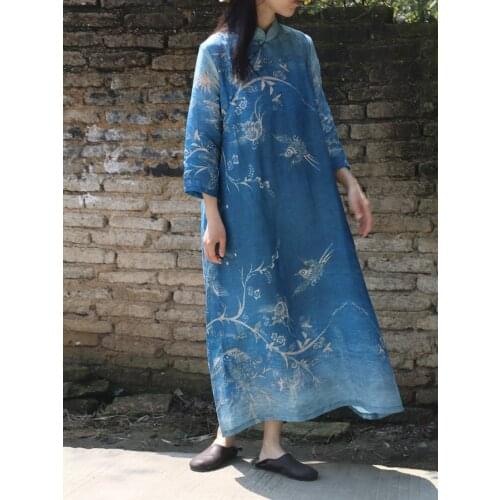 Summer High Quality Bird Print Deep Blue Pure Ramie Linen Dress, Retro Stand Collar Three Quarter Sleeve Elegant Lady Retro Robe