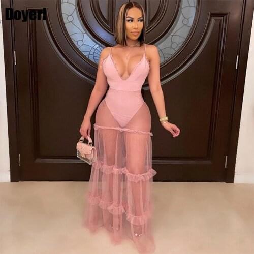 Sexy Summer Beach Dress for Women Holiday Vacation Ruffle Slip See Through Sheer Mesh Long Dress Elegant Club Party Dresses 2021