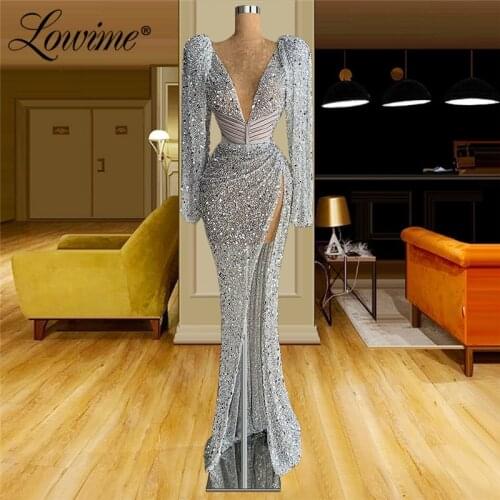 Lowime Saudi Arabia Sequins Long Beaded Full Sleeves Evening Dresses 2021 Couture Plus Size Turkish V Neck Mermaid Party Gowns