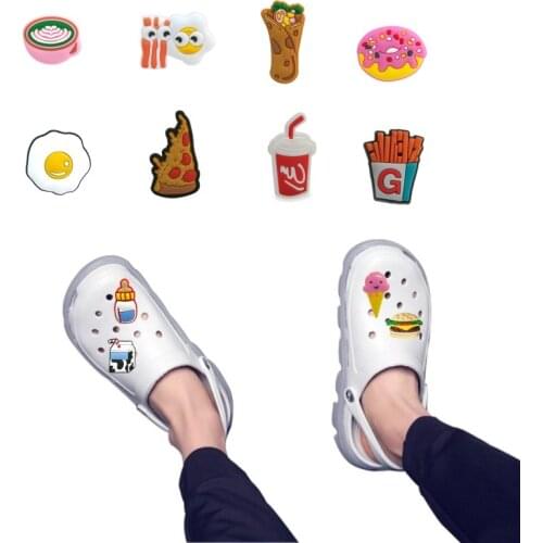 1pcs Food Drinking Shoe Charms Hamburger Fries Hot Dog Popcorn Pizza Donut Clog Accessories Milk Beer Coffee Shoe Decorations