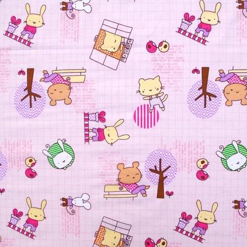 1 yard Cotton Twill Fabric for sewing pathwork, cloth, bedding - Cartoon rabit and tree (light pink) (width=160cm)