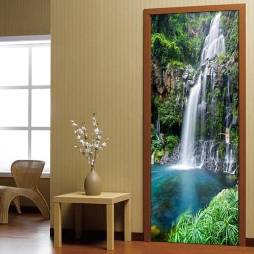 3D Door Sticker Chinese Style Waterfalls Landscape Photo Wallpaper Living Room Bedroom Home Decor PVC Waterproof Self-Adhesive