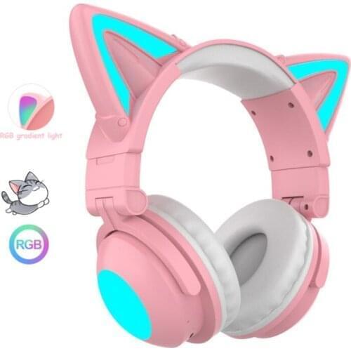 Wireless Headphones Cat Ear With Mic Blue-tooth Cool Glow Light Stereo Bass Helmets Kids Gamer Girl Gift PC Phone Gaming Headset