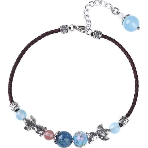 Retro Fashion Alloy Fishes Liuli Beads Initial Charms Anklet Rope Chain Emo Ethnic Simple Jewelry Gifts For Women Girls