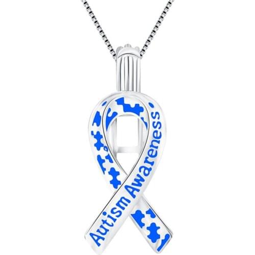 CLUCI 925 Sterling Silver Autism Awareness Cage Pendant Women Blue Autism Attention Ribbon Shaped Silver Pendant 925 SC280SB
