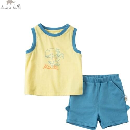 DBX17722 dave bella baby boys summer casual cartoon print clothing sets kids boy fashion sleeveless sets children 2 pcs suit