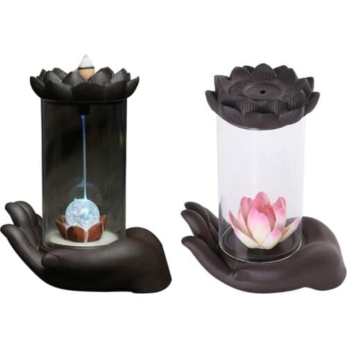 20 Incense Cones And Bergamot Lotus LED Reflux Cone Incense Burner Waterfall Incense Holder Decorative Statue Ornaments