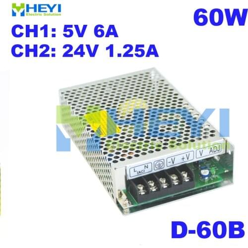 AC to DC dual output Switching Power Supply D-60B 110 / 220VAC output: 5V 6A & 24V 1.25A power supply