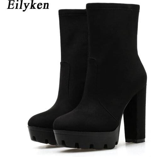 Eilyken Plus 35-42 Women Platform High Heels Ankle Boot Female Shoes Ladies Round Toe Zipper Black Boots Shoes