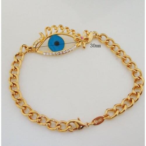 FoRomance YELLOW GOLD GP OVERLAY FILL BRASS EVIL EYE ENAMEL CZ STONES PINK BUTTERFLY KNOT 8 INCH LINK BRACELET