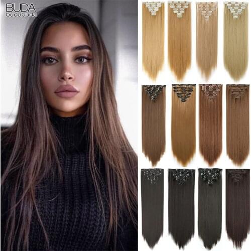 22Inch Straight Hairpieces 16 Clips In False Styling Hair Synthetic Clip In Hair Extensions For White Women Heat Resistant