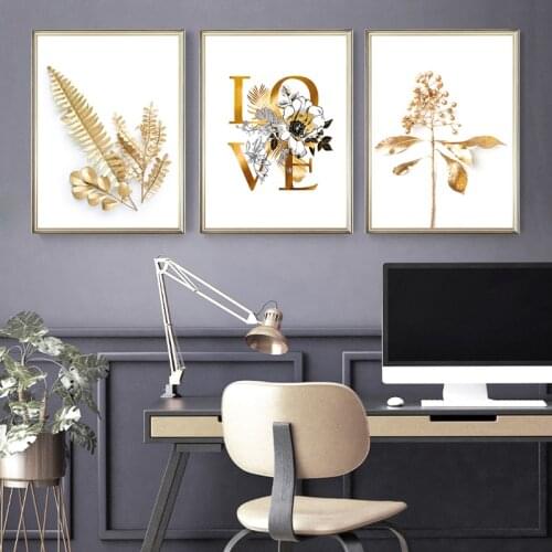 Luxury Golden Plant Leaves Canvas Painting Modern Style Minimalist Wall Art Aisle Living Room Pictures Unique Home Decoration