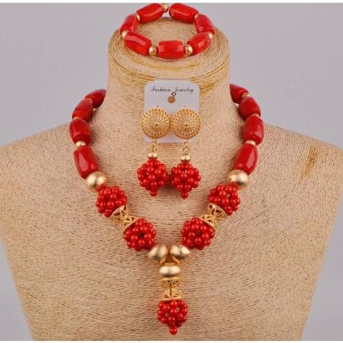 Red/Orange/White Coral Beads Jewelry Set Nigerian Wedding African Necklace Bridal Jewelry Sets 1R-ZQ1C