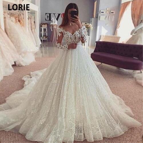 LORIE Full Lace Ball Gown Wedding Dresses With Long Train Elegant Bridal Gowns Illusion Long Sleeve Gorgeous Princess Dresses