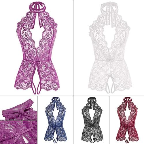 The New Lace Hollow Printed Halterneck See-through Jumpsuit, Sexy Lingerie for Women Erotic, Sexy Lingerie Exotic