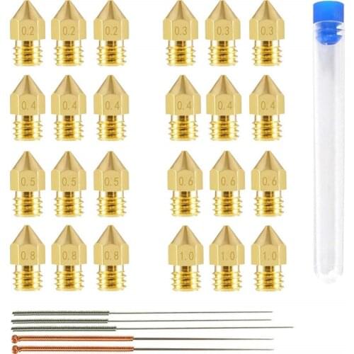 22pcs 3D Printer MK8 Brass Extruder Head Hotend Nozzles 0.2/0.3/0.4/0.5/0.6/0.8/1.0mm &5pcs Cleaning Needles fit 1.75mm Filament