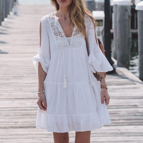 Fashion Women Casual V-Neck Sleeve Lace Trim Off Shoulder Beach Dress Mesh White Cover Up Short Mini Dress Tops