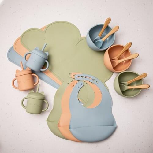Baby Tableware Set Fashionable Bibs For Children Cloud Placemat Training Dishes Plates Silicone Fork Spoon Drinking Straw Cup
