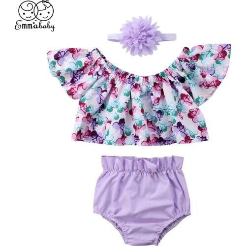 Newest Baby Girls Outfit 3Pcs Summer Short Sleeve Off-Shoulder Floral Kid Top Purple Shorts Baby Headband Baby Girls Clothes Set