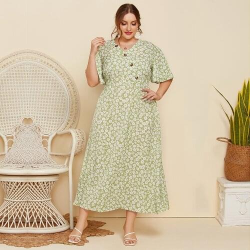 2021 summer dress women buttons v neck ruffles short sleeve floral print dress plus size maxi long bohe beach dresses