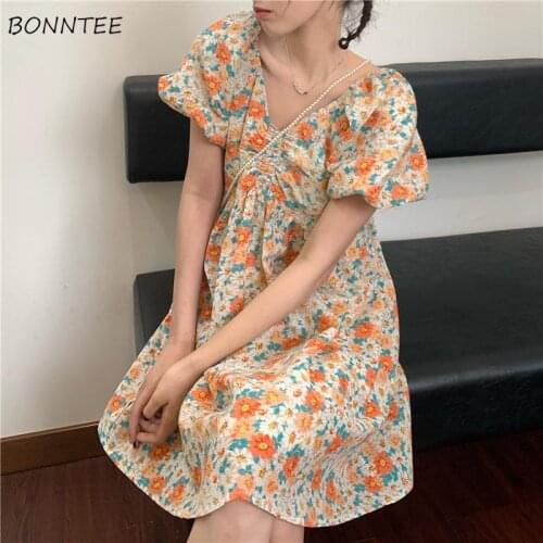 Dresses Women All-match V-neck A-line Printing Floral Preppy Puff Sleeve Summer Ulzzang Orange Empire Streetwear Students Female