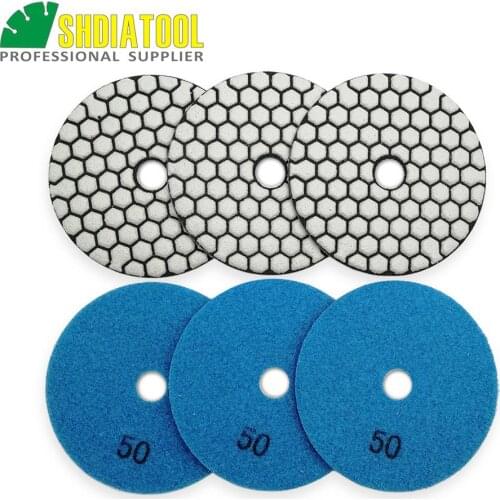 SHDIATOOL 6pcs 100mm #50 Dry Polishing Pads 4inch Resin Bond Diamond Flexible sanding disc for granite & marble polishing