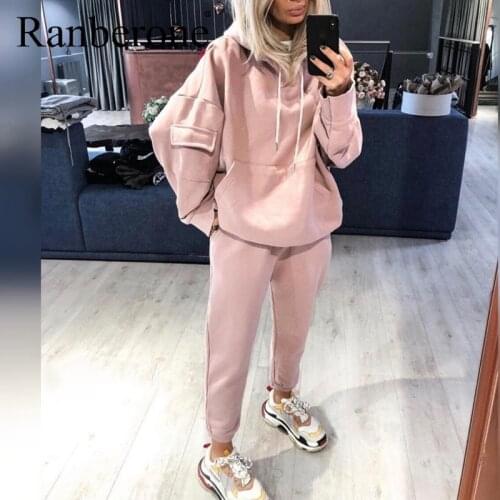 Ranberone Two Piece Set Tracksuits Wives Pocket Oversized Hoodie And Pants Autumn Winter Solid Outfits Casual Womens Sport Suit