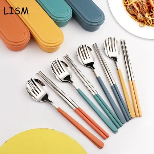 4PCS/Set 304 Stainless Steel Chopsticks Spoon Fork Set Portable Dinnerware Set With Box Travel Cutlery Set Student Tableware Set