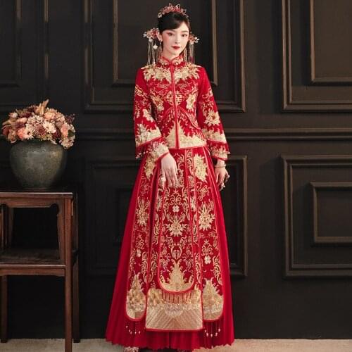 Golden Red Embroidery Traditional Chinese Wedding Dress Banquet Costume Classic Cheongsam China Qipao костюм для восточных