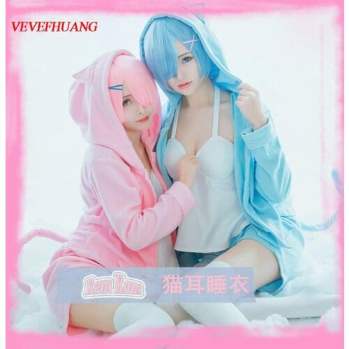 VEVEFHUANG Re Zero Kara Hajimeru Isekai Seikatsu Ram Rem Cat Pajamas Nighty Nightgown Sleepwear Uniform Outfit Anime Cosplay Cos