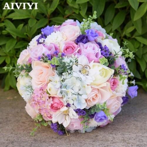 Korean style high-end custom bride hand holding flower bouquet pearl simulation ivory pink roses green leaves DIY decoration