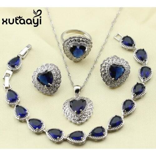 XUTAAYI Top Quality Silver colorcolor Jewelry Sets Blue Created Sapphired Flawless Necklace/Rings/Earrings/Bracelet For women