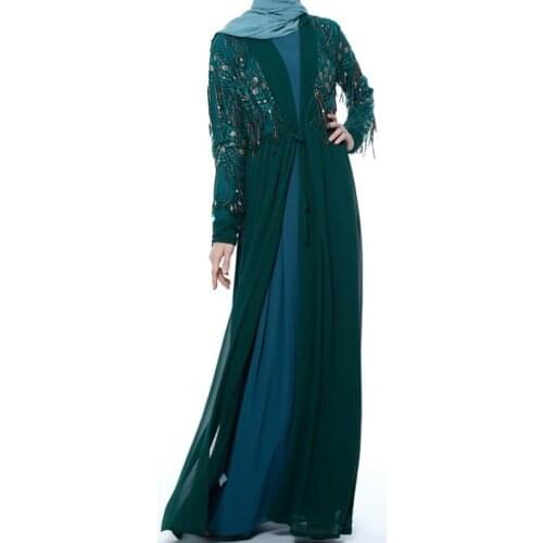 Middle East Fashion Dubai Abaya Sequin Tassel Luxury Chiffon Hijab Dress Arabic Muslim Women Turkey Kaftan Islamic Maxi Robe