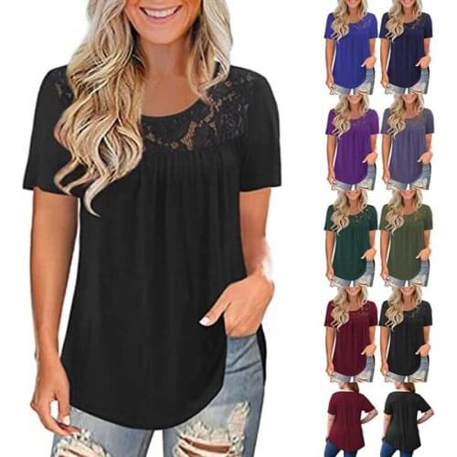 2021 European and American cross border new products womens large short sleeve lace pleated shirt summer shirt loose top