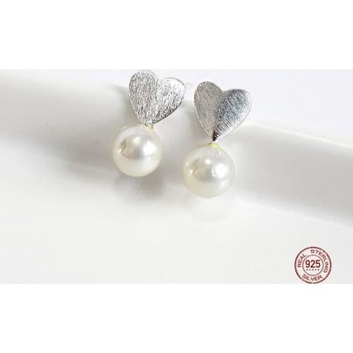 LKO Temperament Pearl Love Stud Earrings 925 Sterling Silver Simplicity Personality for Student Women Jewellery Accessories
