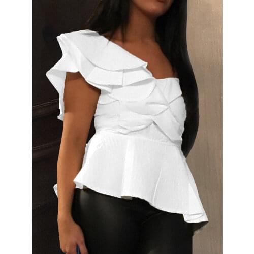 One Shoulder Womens Sexy Party Tops White Layer Ruffles Blouse Summer Party Wear Shirt with Zipper Chemisier Femme Blusas 2021