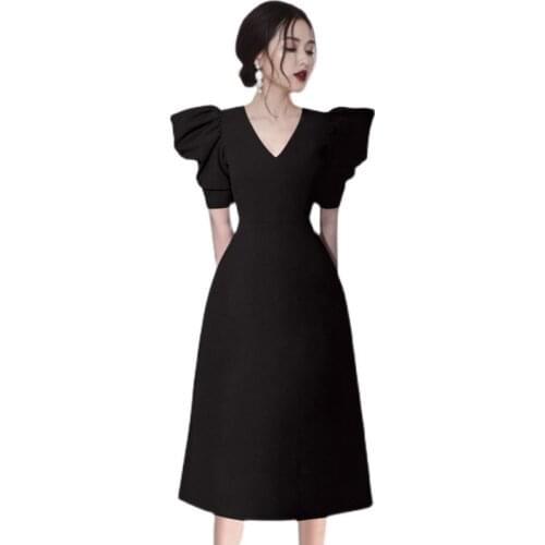 French retro black A line Dress one piece korean ladies Summer Short Sleeve cabaret party officce Dresses for women