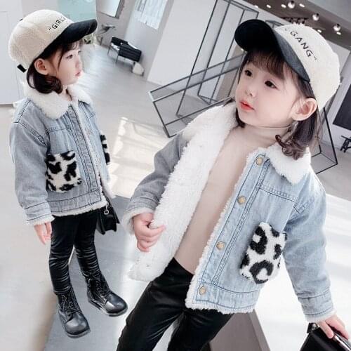 Toddler Girls Winter Jackets Fashion Thick Warm Baby Denim Coats Korean Leopard Pocket Lapel Furry Coats for Girl Kids Outerwear