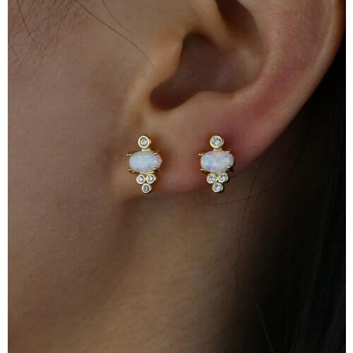 Gold filed Round oval shape white fire opal pink cz Gem stone delicate dainty girls kids stud multi piercing stud earring